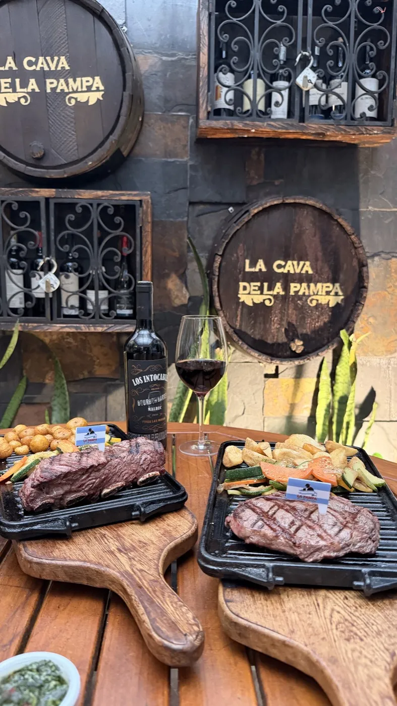 Dos cortes de carne a la parrilla en planchas de hierro con papas y vegetales, junto a una botella de vino Malbec y una copa de vino tinto en La Pampa