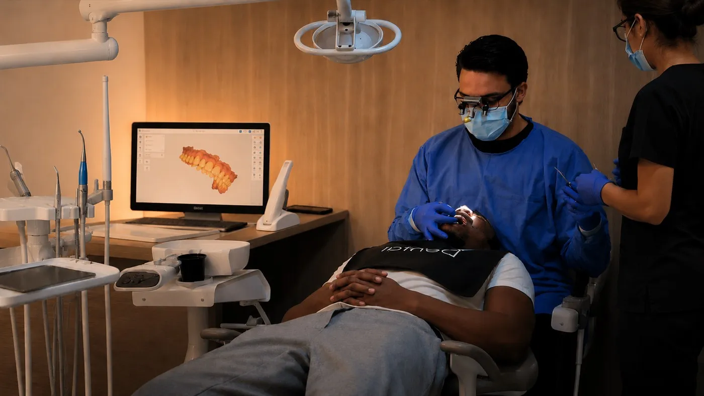 Odontólogo con lupas de aumento y guantes atiende a un paciente reclinado en el sillón dental, junto a una asistente; al fondo, una pantalla muestra el escaneo digital de una dentadura