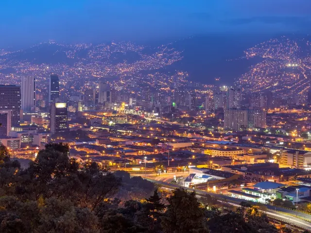 Night view of Medellín from a tree-lined viewpoint, with lit downtown towers and valley hillsides covered in city lights