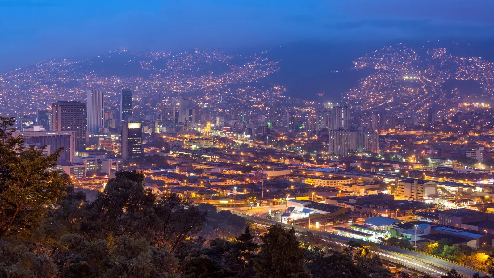 Night view of Medellín from a tree-lined viewpoint, with lit downtown towers and valley hillsides covered in city lights