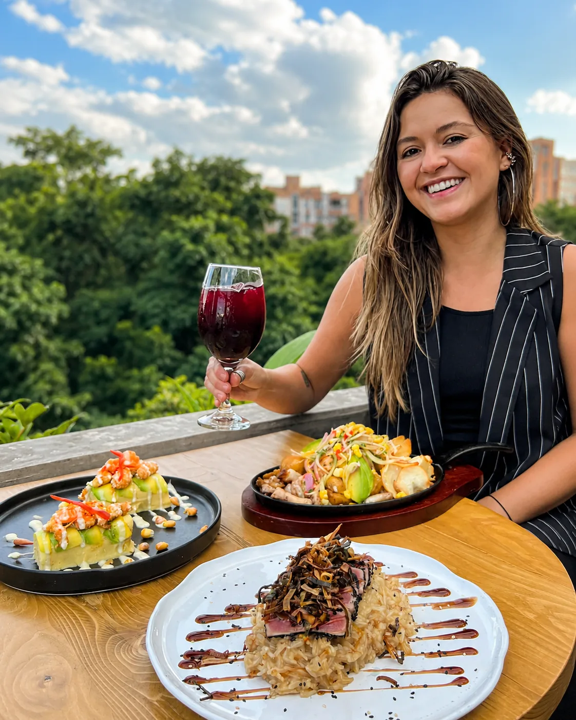 Smiling woman raising a glass of red drink beside several Peruvian dishes on the Rocoto Rooftop terrace, with trees and buildings in the background